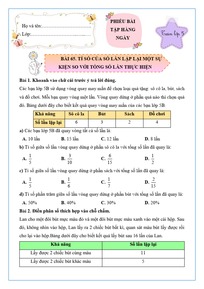 Bài tập hàng ngày Toán lớp 5 Bài 65: Tỉ số của số lần lặp lại một sự kiện so với tổng số lần thực hiện | Kết nối tri thức