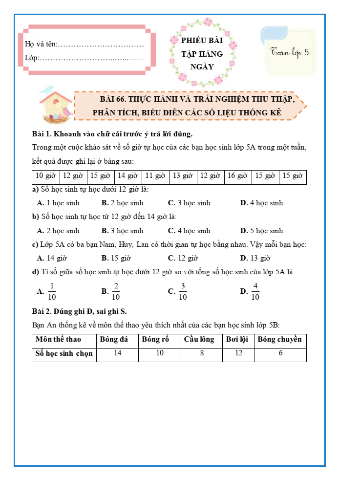 Bài tập hàng ngày Toán lớp 5 Bài 66: Thực hành và trải nghiệm thu thập, phân tích, biểu diễn các số liệu thống kê | Kết nối tri thức