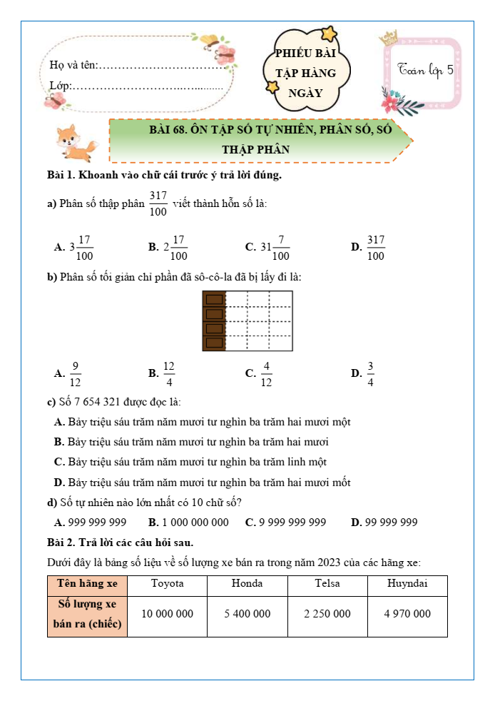 Bài tập hàng ngày Toán lớp 5 Bài 68: Ôn tập số tự nhiên, phân số, số thập phân | Kết nối tri thức
