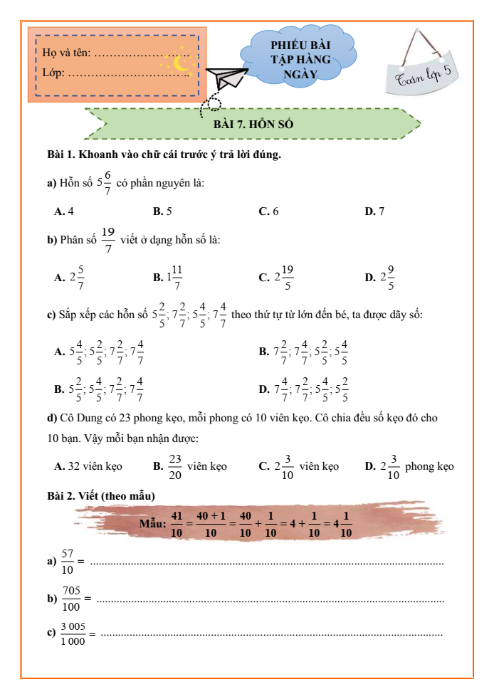 Bài tập hàng ngày Toán lớp 5 Bài 7: Hỗn số | Kết nối tri thức