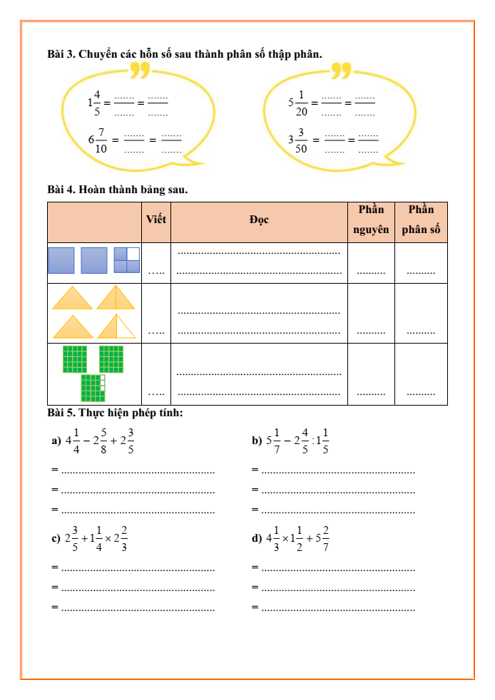 Bài tập hàng ngày Toán lớp 5 Bài 7: Hỗn số | Kết nối tri thức
