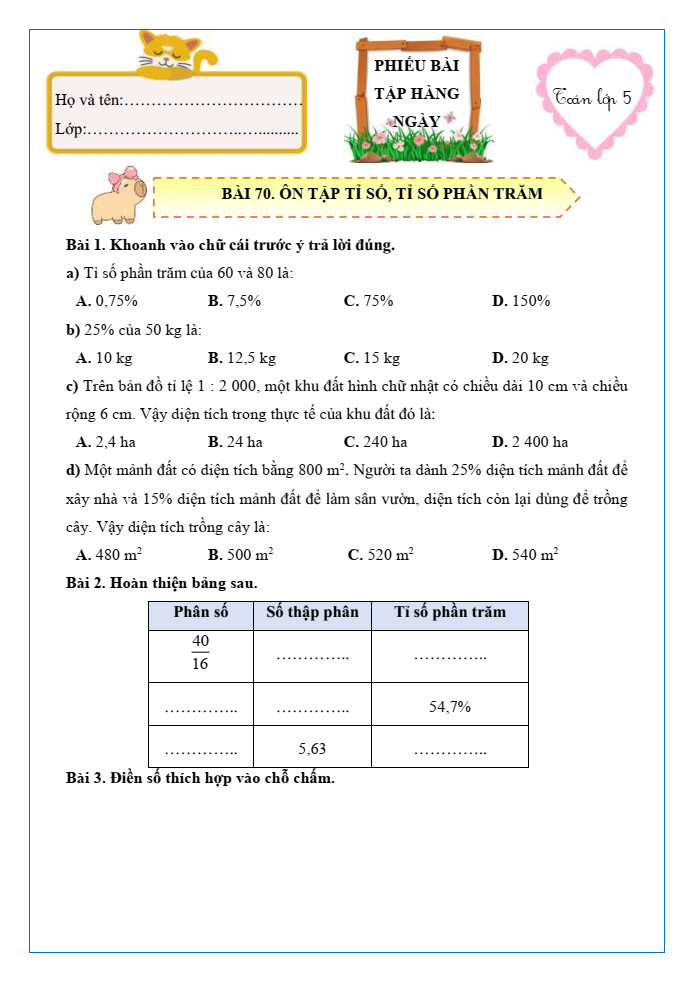 Bài tập hàng ngày Toán lớp 5 Bài 70: Ôn tập tỉ số, tỉ số phần trăm | Kết nối tri thức