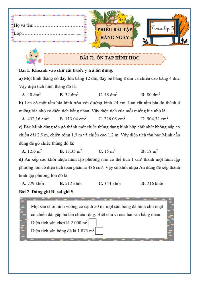 Bài tập hàng ngày Toán lớp 5 Bài 71: Ôn tập hình học | Kết nối tri thức