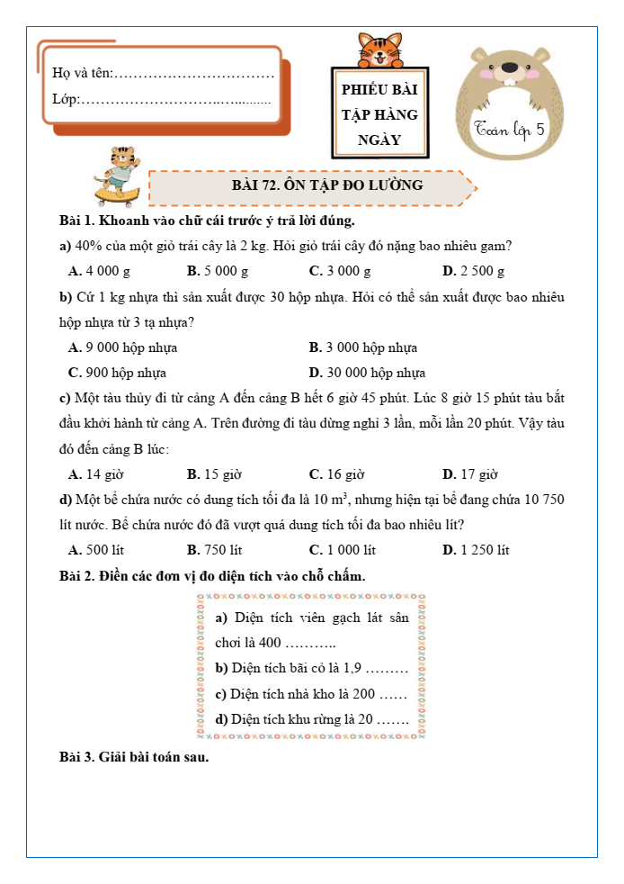 Bài tập hàng ngày Toán lớp 5 Bài 72: Ôn tập đo lường | Kết nối tri thức