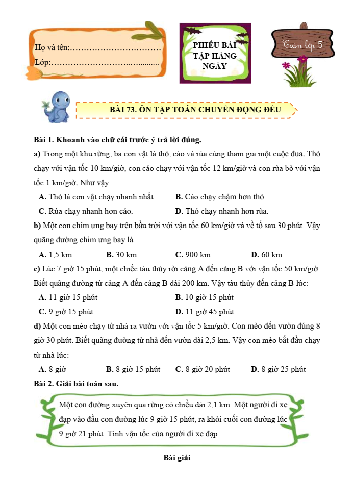 Bài tập hàng ngày Toán lớp 5 Bài 73: Ôn tập toán chuyển động đều | Kết nối tri thức