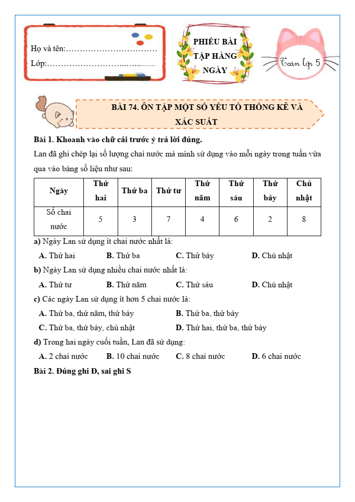 Bài tập hàng ngày Toán lớp 5 Bài 74: Ôn tập một số yếu tố thống kê và xác suất | Kết nối tri thức
