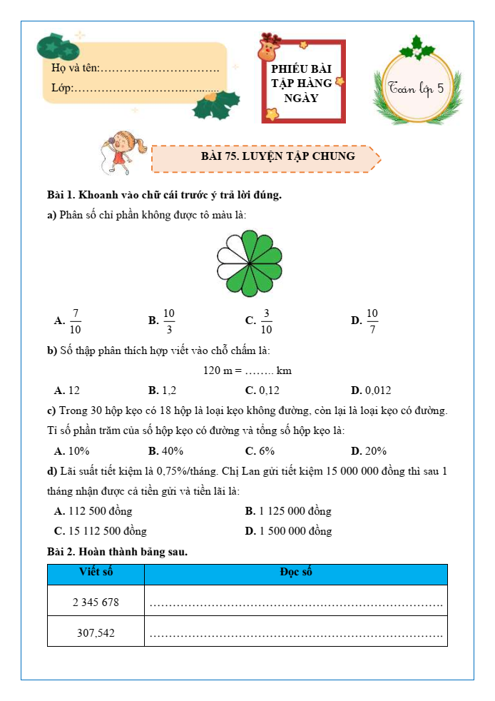 Bài tập hàng ngày Toán lớp 5 Bài 75: Ôn tập chung | Kết nối tri thức