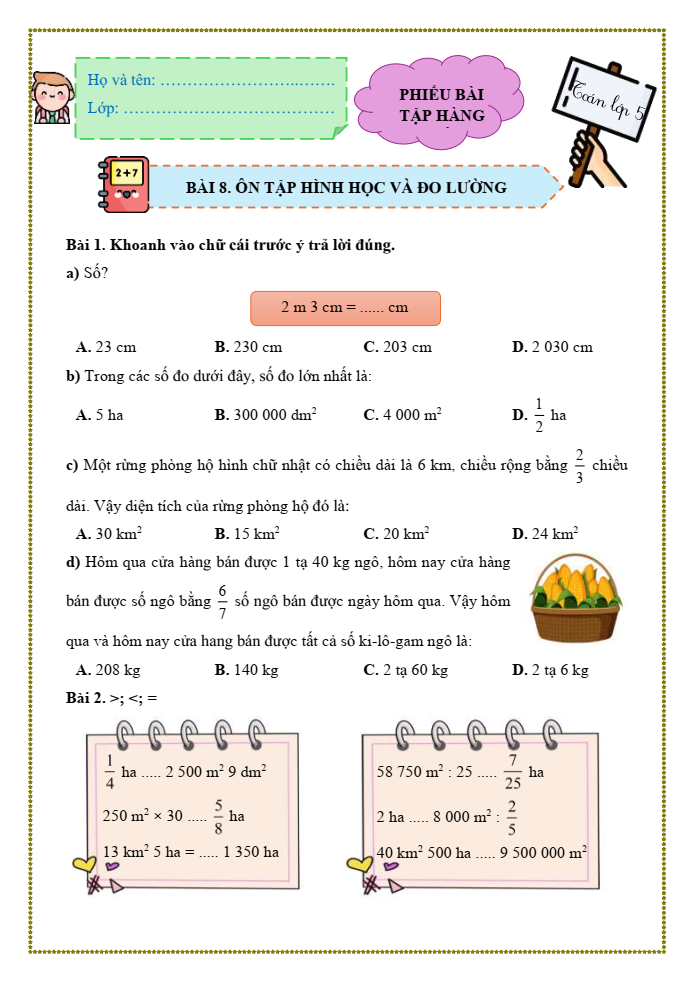 Bài tập hàng ngày Toán lớp 5 Bài 8: Ôn tập hình học và đo lường | Kết nối tri thức