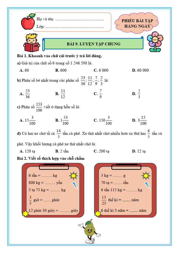 Bài tập hàng ngày Toán lớp 5 Bài 9: Luyện tập chung | Kết nối tri thức