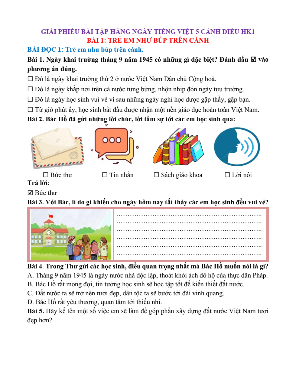 Bài tập hàng ngày Tiếng Việt lớp 5 Cánh diều Học kì 1 (có lời giải)