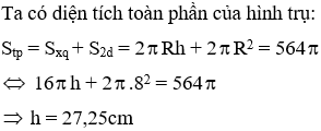 Trắc nghiệm Hình Trụ - Diện tích xung quanh và thể tích của hình trụ có đáp án