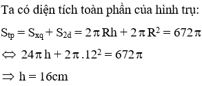 Trắc nghiệm Hình Trụ - Diện tích xung quanh và thể tích của hình trụ có đáp án