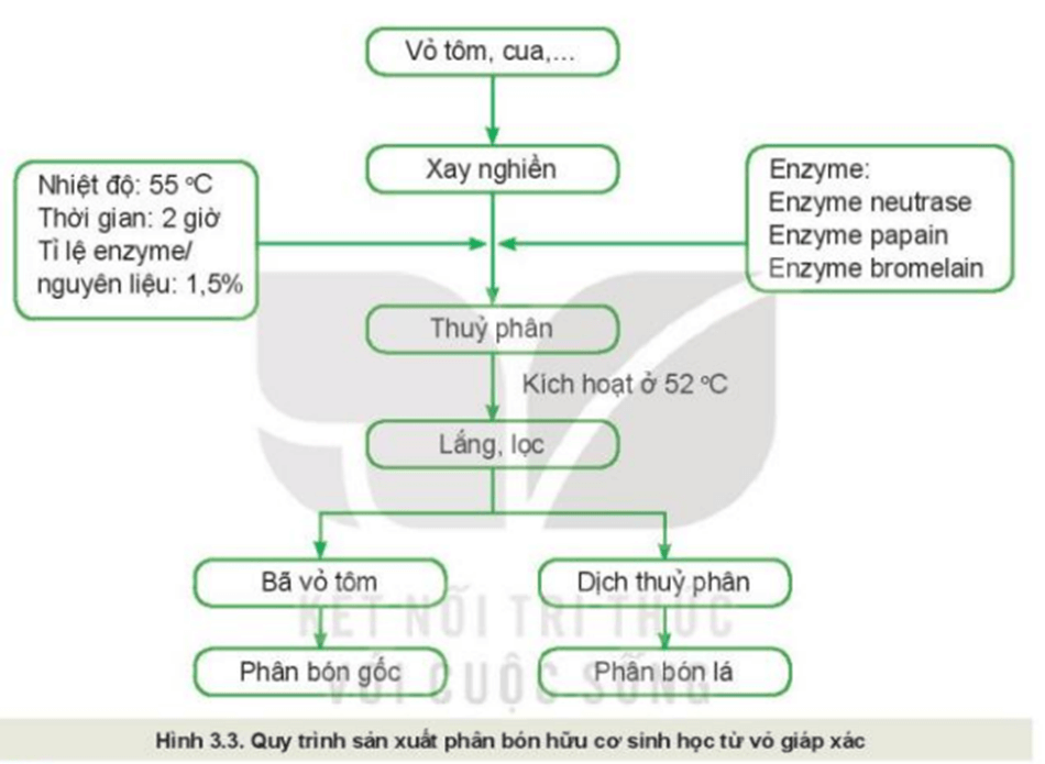 Quan sát Hình 3.3 và mô tả quy trình sản xuất phân bón hữu cơ sinh học từ vỏ giáp xác