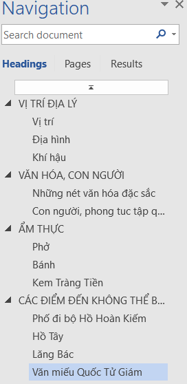 Mở ngăn điều hướng Navigation Pane bằng cách nhấn tổ hợp phím Ctrl + F. Khi ngăn điều hướng hiện ra ở bên trái màn hình soạn thảo
