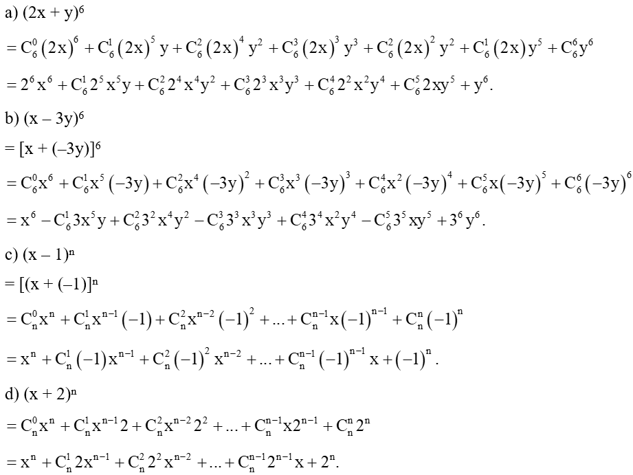 Khai triển các biểu thức sau (2x + y)^6; (x - 3y)^6 (ảnh 1)