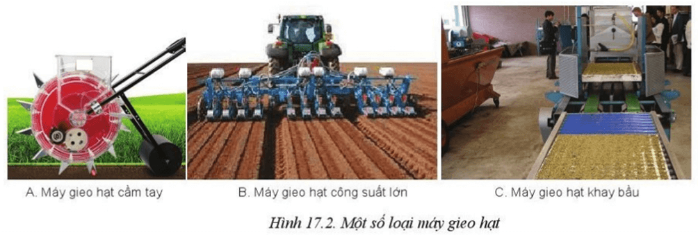 Quan sát các loại máy gieo hạt ở Hình 17.2 và cho biết để gieo hạt trực tiếp trên đồng ruộng