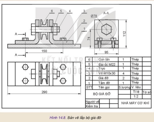 Đọc bản vẽ lắp bộ giá đỡ và lập bản vẽ cho chi tiết giá đỡ Hình 14.8