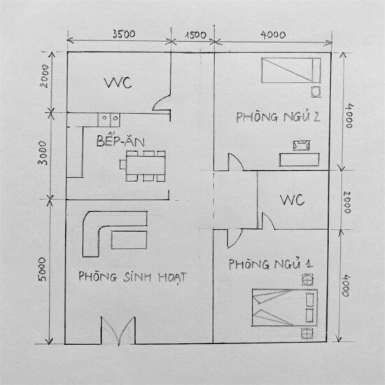 Hãy vẽ mặt bằng của ngôi nhà một tầng có diện tích 90m2 có 2 phòng ngủ 1 phòng sinh hoạt chung 1 bếp ăn và 2 nhà vệ sinh
