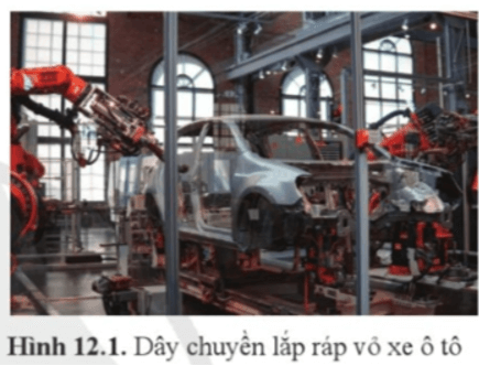 Dây chuyền lắp ráp vỏ xe ô tô ở hình 12.1 có phải là dây chuyền tự động không?