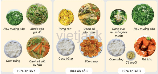 Trong ba bữa ăn sau, bữa an nào đảm bảo tiêu chí của bữa an hợp lí nhất