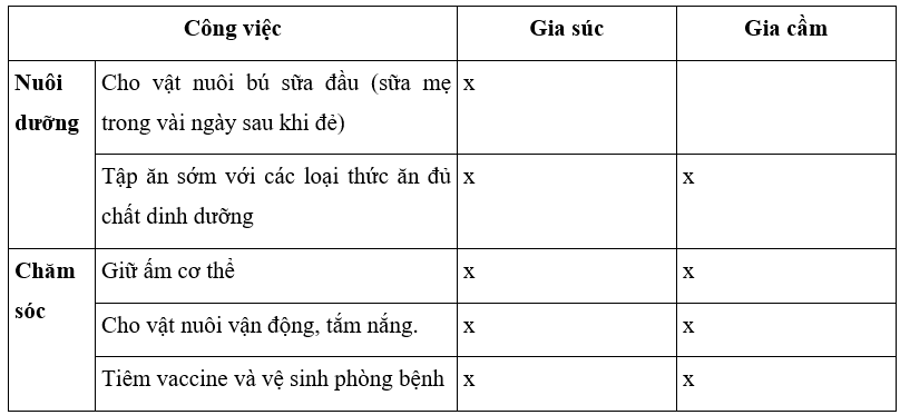 Em hãy lựa chọn những công việc nuôi dưỡng và chăm sóc phù hợp cho gia súc, gia cầm non