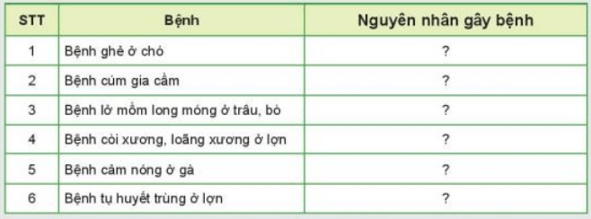 Điền nguyên nhân gây bệnh tương ứng với từng bệnh vào bảng dưới đây