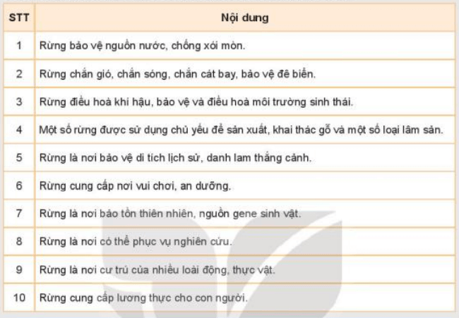 Chọn nội dung đúng về vai trò của rừng theo mẫu bảng dưới đây