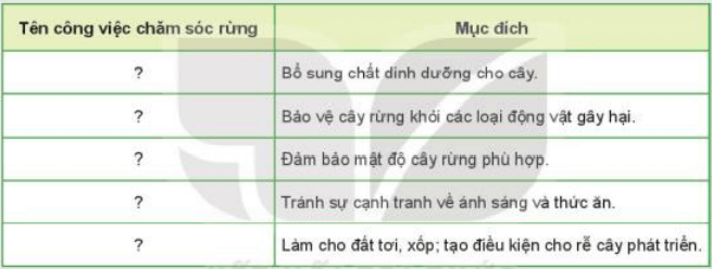 Hoàn thành vào vở tên công việc chăm sóc rừng