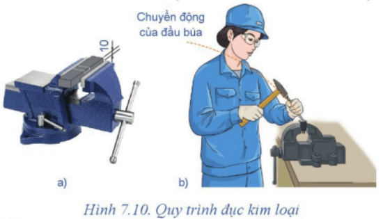 Dựa vào Hình 7.10 em hãy cho biết: 1. Phôi được kẹp như thế nào trên ê tô