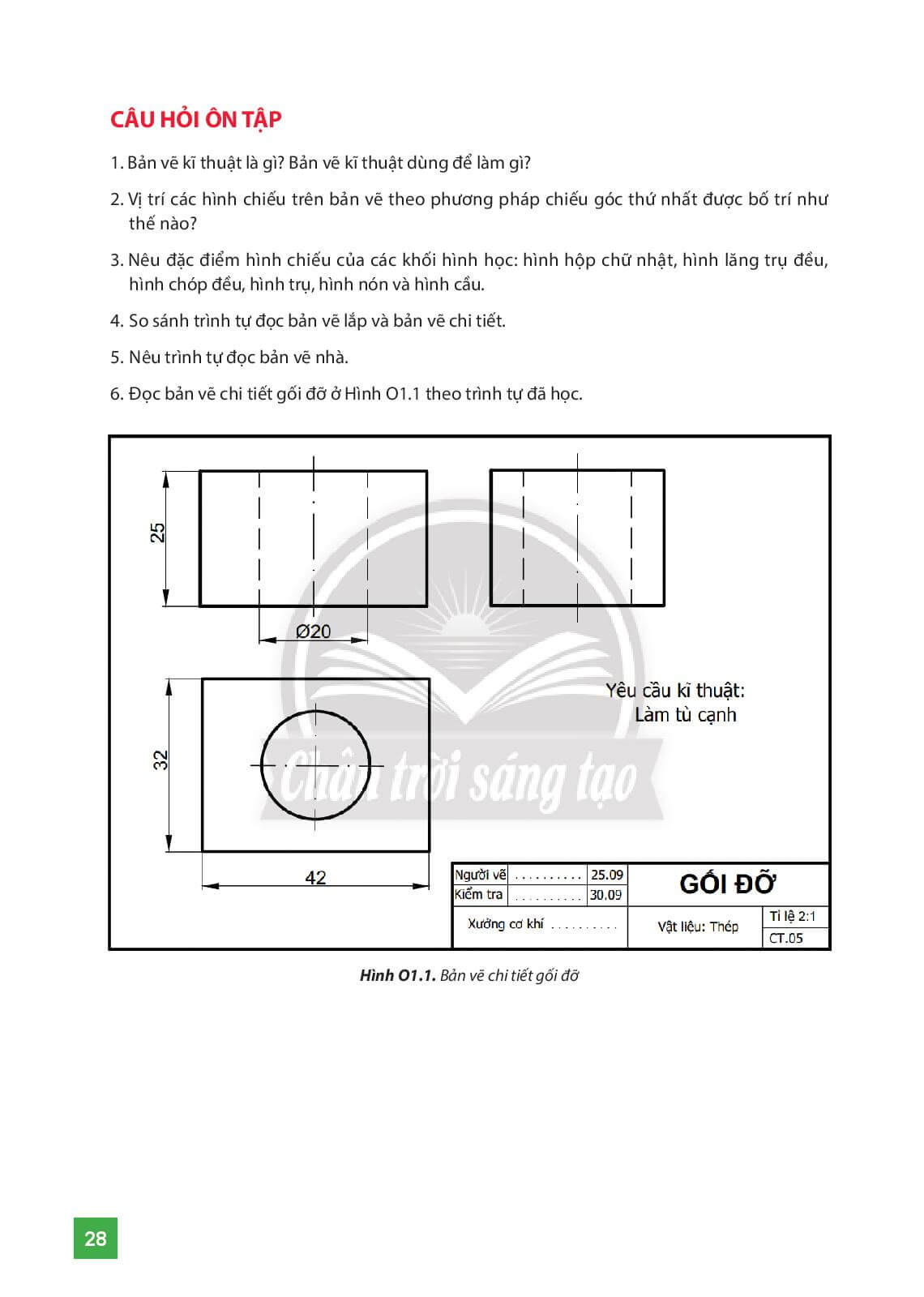 Đọc bản vẽ chi tiết gối đỡ ở Hình O1.1 theo trình tự đã học