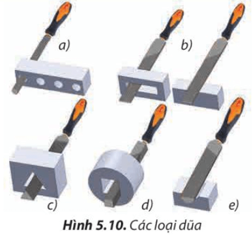 Em hãy mô tả cấu tạo và công dụng của từng loại dũa trong Hình 5.10