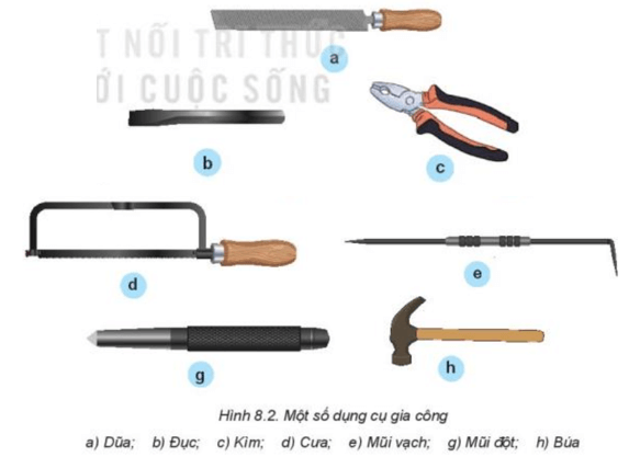 Quan sát Hình 8.2 và nêu tên gọi của các dụng cụ gia công trong hình