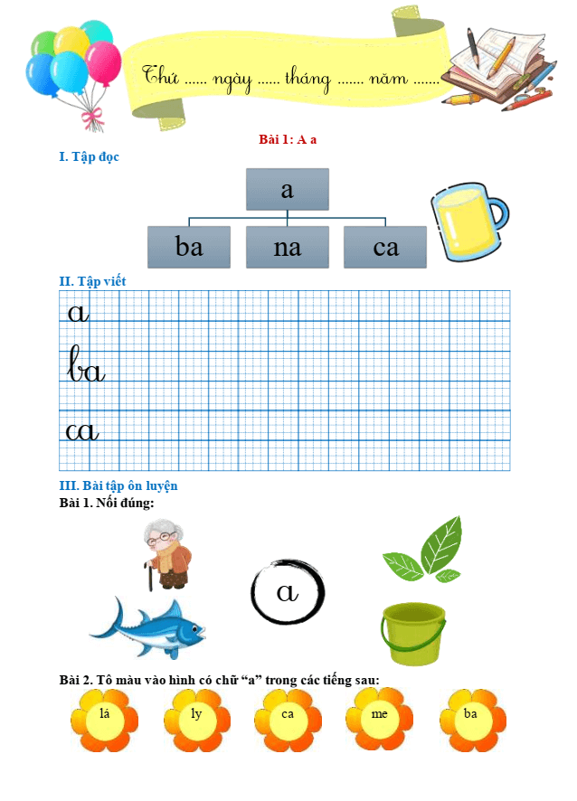 Bài tập hàng ngày Tiếng Việt lớp 1 Bài 1: A, a | Kết nối tri thức