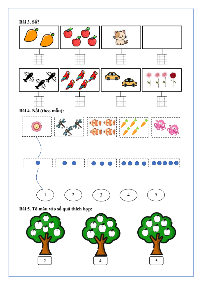 Bài tập hàng ngày Toán lớp 1 Bài 1: Các số 0, 1, 2, 3, 4, 5 | Kết nối tri thức