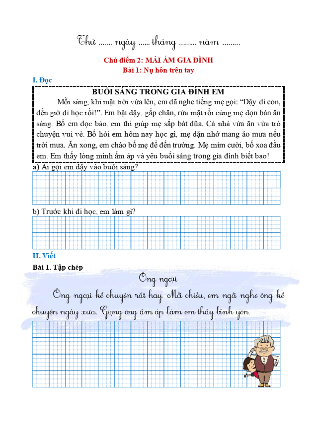 Bài tập hàng ngày Tiếng Việt lớp 1 Bài 1: Nụ hôn trên tay | Kết nối tri thức