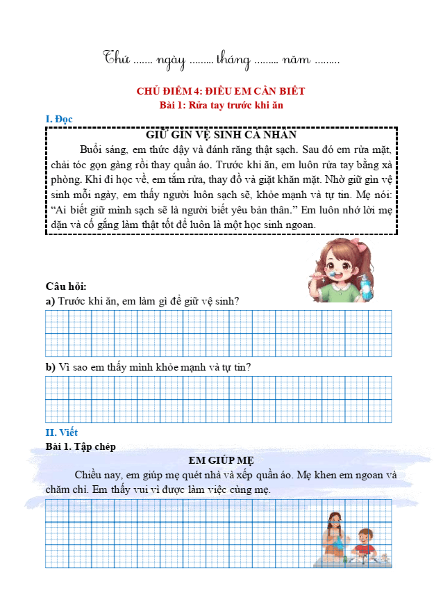 Bài tập hàng ngày Tiếng Việt lớp 1 Bài 1: Rửa tay trước khi ăn | Kết nối tri thức