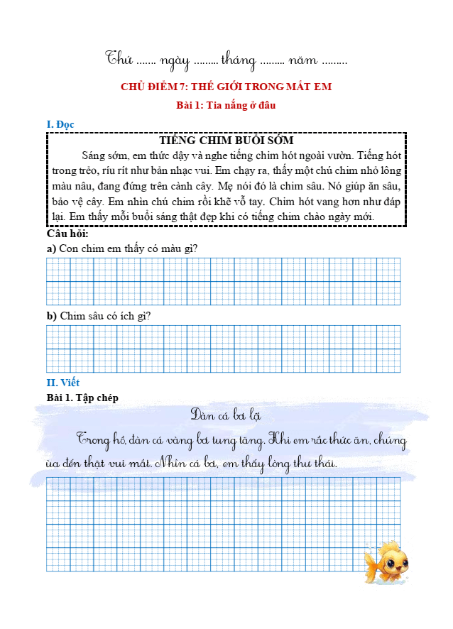 Bài tập hàng ngày Tiếng Việt lớp 1 Bài 1: Tia nắng ở đâu | Kết nối tri thức
