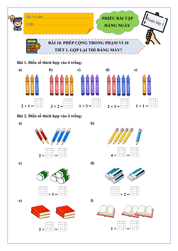 Bài tập hàng ngày Toán lớp 1 Bài 10: Phép cộng trong phạm vi 10 | Kết nối tri thức