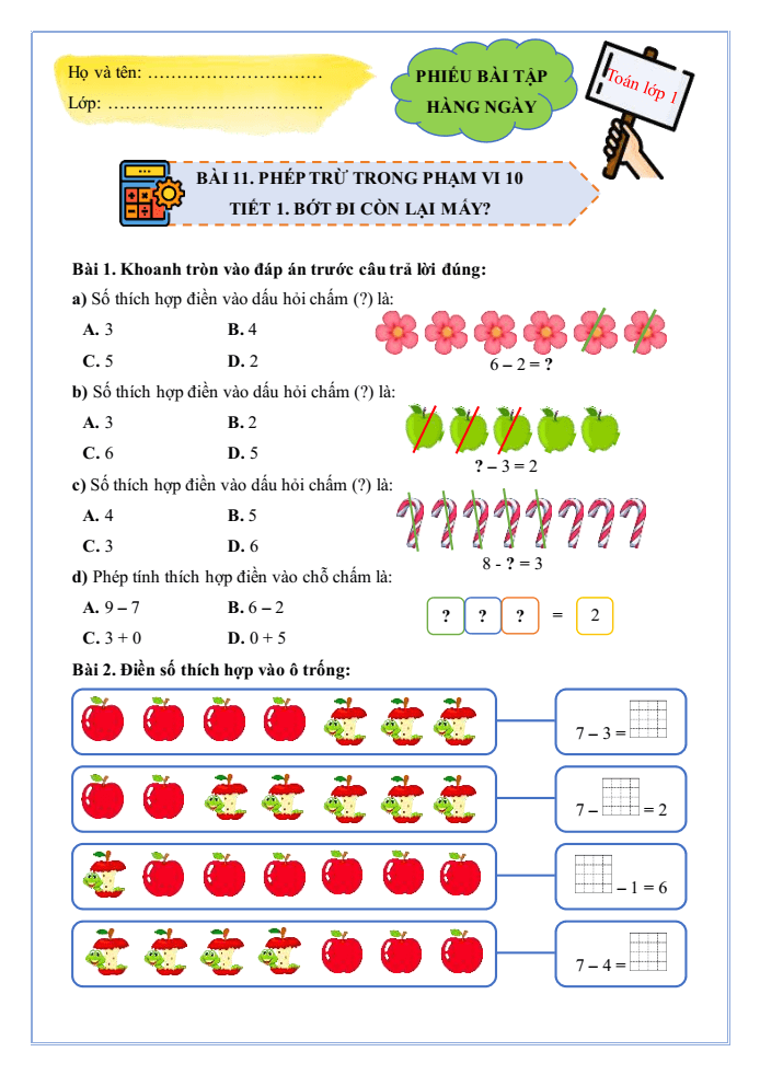 Bài tập hàng ngày Toán lớp 1 Bài 11: Phép trừ trong phạm vi 10 | Kết nối tri thức