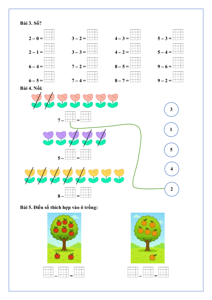 Bài tập hàng ngày Toán lớp 1 Bài 11: Phép trừ trong phạm vi 10 | Kết nối tri thức