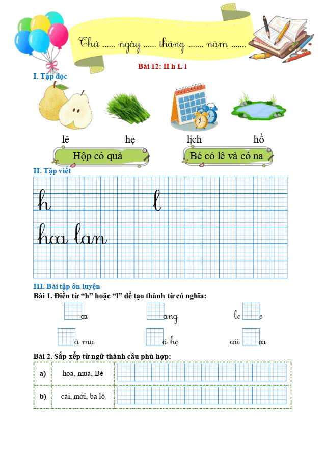 Bài tập hàng ngày Tiếng Việt lớp 1 Bài 12: H, h, L, l | Kết nối tri thức