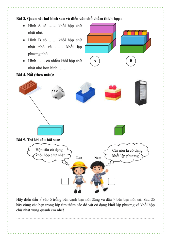 Bài tập hàng ngày Toán lớp 1 Bài 14: Khối lập phương, khối hộp chữ nhật | Kết nối tri thức