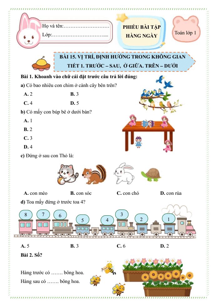 Bài tập hàng ngày Toán lớp 1 Bài 15: Vị trí định hướng trong không gian | Kết nối tri thức