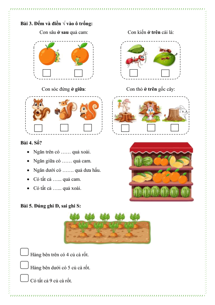 Bài tập hàng ngày Toán lớp 1 Bài 15: Vị trí định hướng trong không gian | Kết nối tri thức
