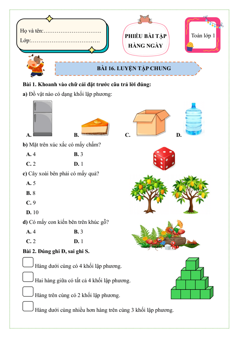 Bài tập hàng ngày Toán lớp 1 Bài 16: Luyện tập chung | Kết nối tri thức