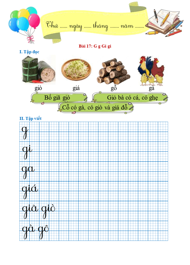 Bài tập hàng ngày Tiếng Việt lớp 1 Bài 17: G, g, Gi, gi | Kết nối tri thức