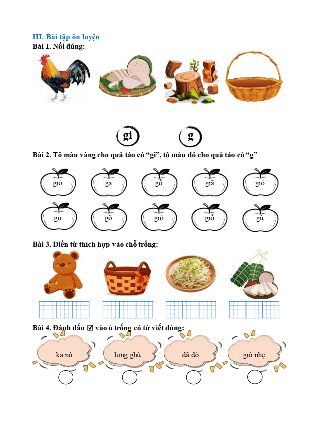 Bài tập hàng ngày Tiếng Việt lớp 1 Bài 17: G, g, Gi, gi | Kết nối tri thức