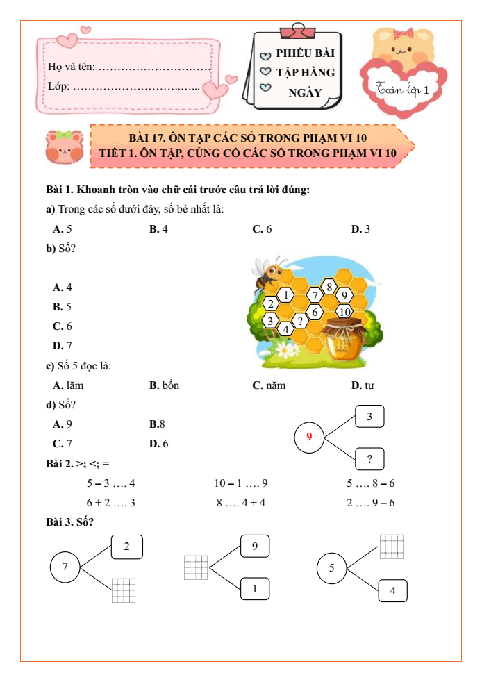 Bài tập hàng ngày Toán lớp 1 Bài 17: Ôn tập các số trong phạm vi 10 | Kết nối tri thức