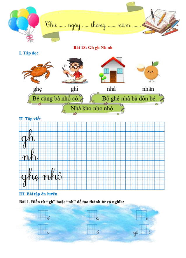 Bài tập hàng ngày Tiếng Việt lớp 1 Bài 18: Gh, gh, Nh, nh | Kết nối tri thức
