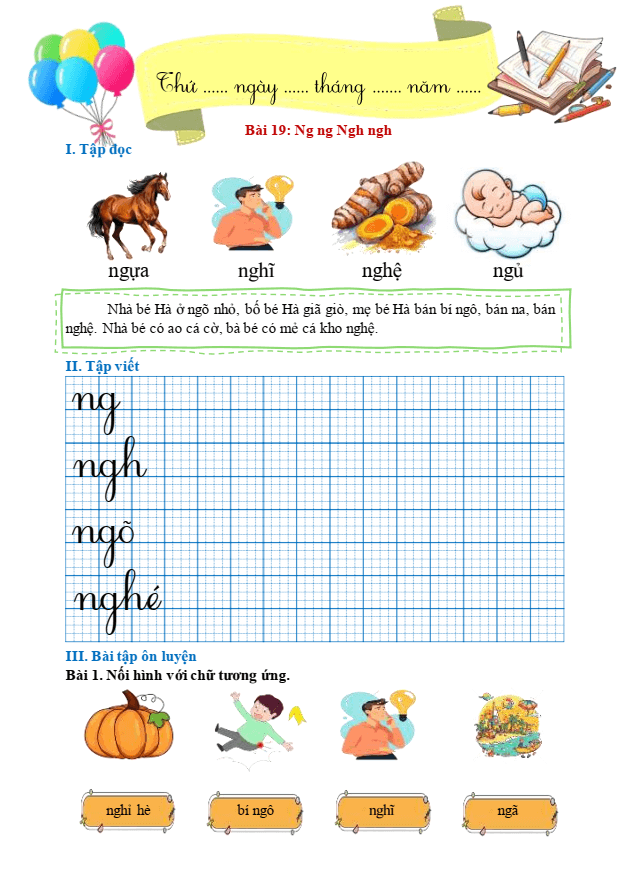 Bài tập hàng ngày Tiếng Việt lớp 1 Bài 19: Ng, ng, Ngh, ngh | Kết nối tri thức